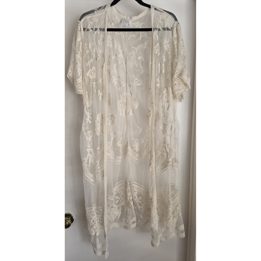 Sirenlily Maternity Cardigan 1X Cream Floral Lace Short Sleeve Boho Wrap Kimono